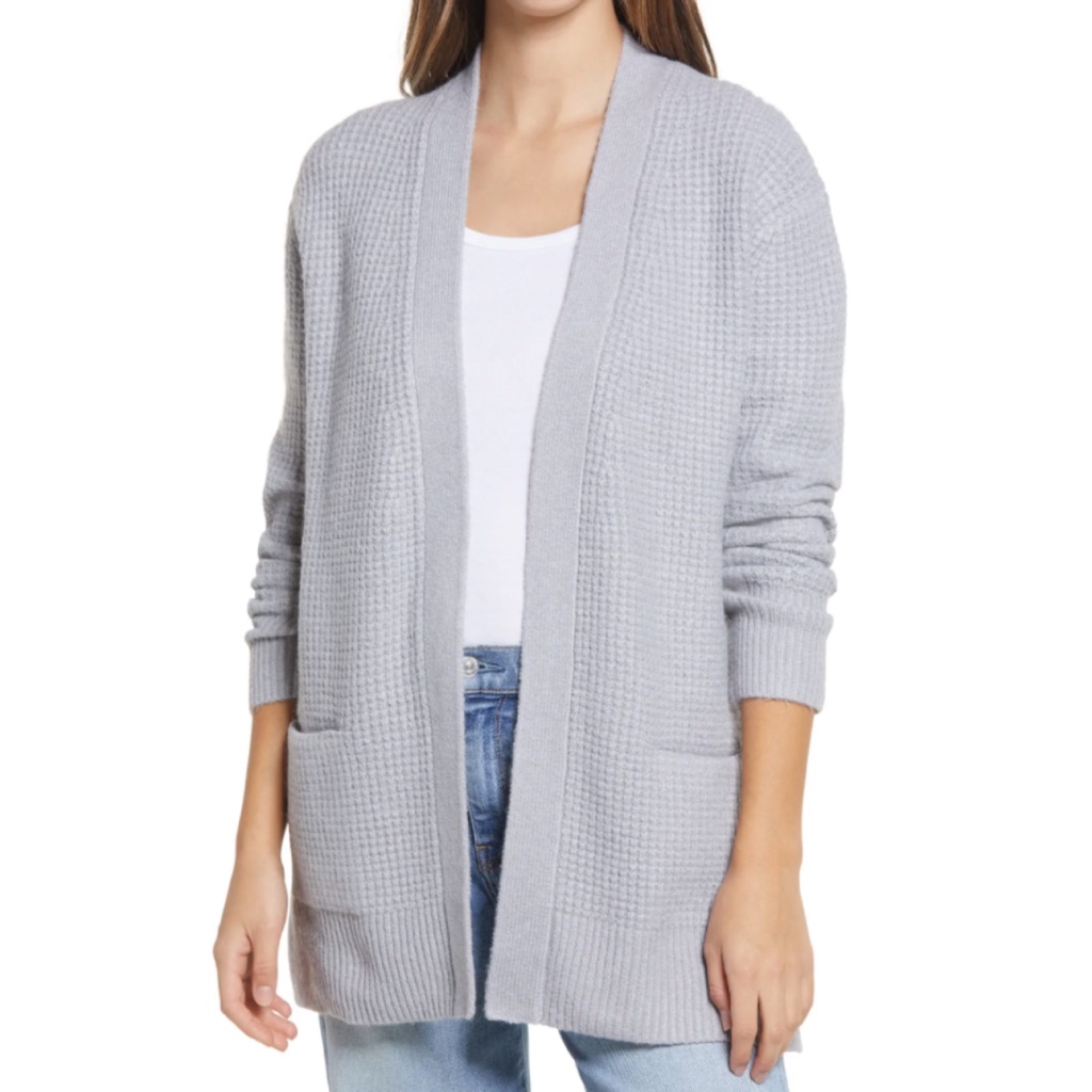 New Caslon Open Front Waffle Knit Medium Weight Cardigan Sweater Grey Heather M
